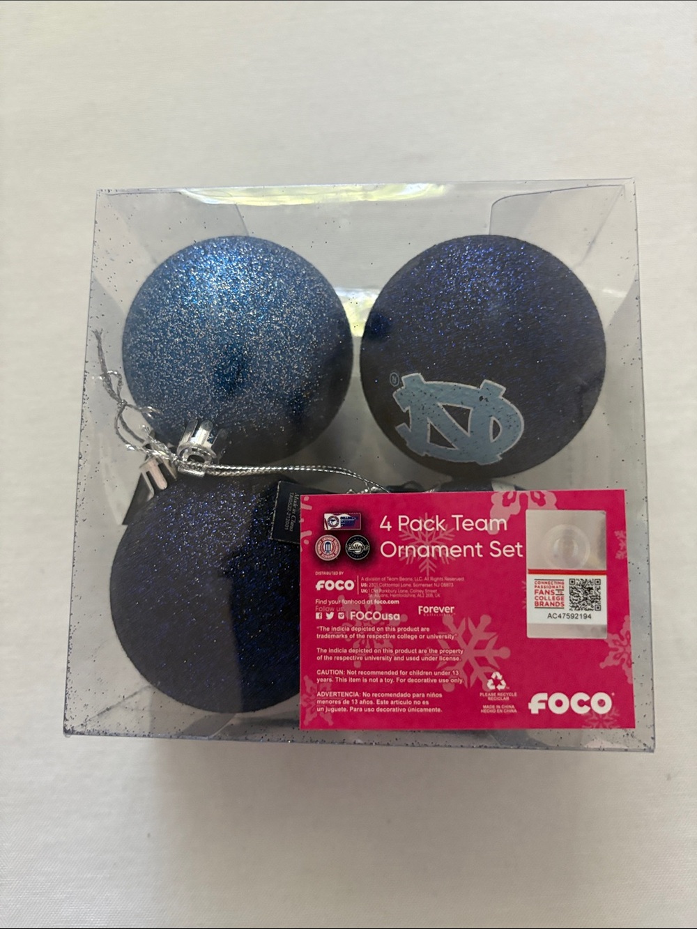 UNC Chapel Hill - 4 Blue Glitter Holiday Ornaments - New in box